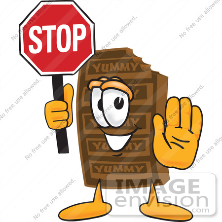 #27692 Clip Art Graphic of a Chocolate Candy Bar Mascot Character Holding a Stop Sign by toons4biz