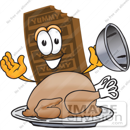 #27694 Clip Art Graphic of a Chocolate Candy Bar Mascot Character Serving a Thanksgiving Turkey on a Platter by toons4biz