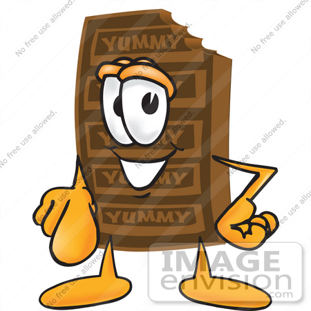 #27698 Clip Art Graphic of a Chocolate Candy Bar Mascot Character Pointing at the Viewer by toons4biz