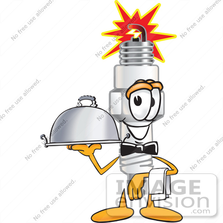 #27703 Clip Art Graphic of a Spark Plug Mascot Character Dressed as a Waiter and Holding a Serving Platter by toons4biz