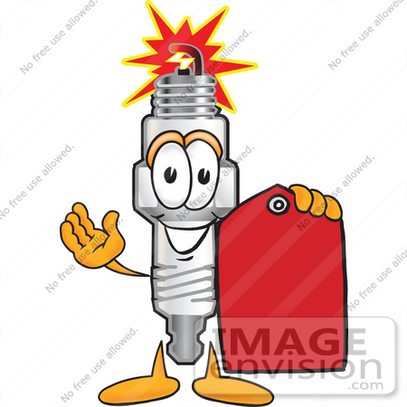 #27708 Clip Art Graphic of a Spark Plug Mascot Character Holding a Red Sales Price Tag by toons4biz