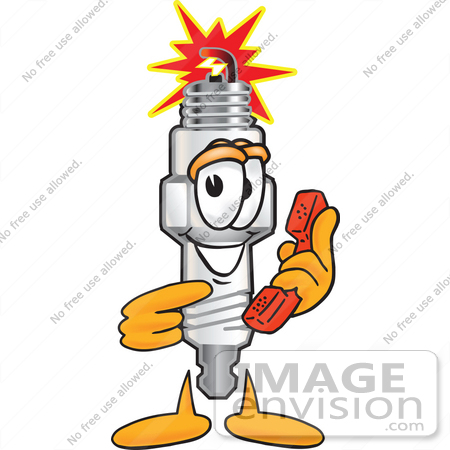 #27709 Clip Art Graphic of a Spark Plug Mascot Character Holding a Telephone by toons4biz
