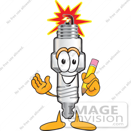 #27710 Clip Art Graphic of a Spark Plug Mascot Character Holding a Pencil by toons4biz
