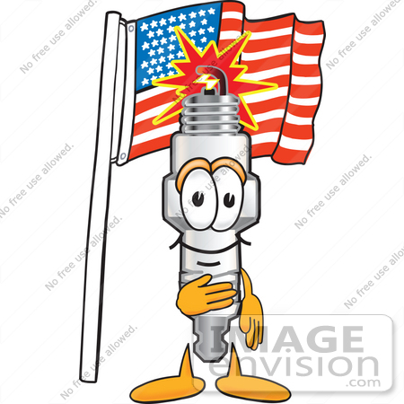 #27712 Clip Art Graphic of a Spark Plug Mascot Character Pledging Allegiance to an American Flag by toons4biz