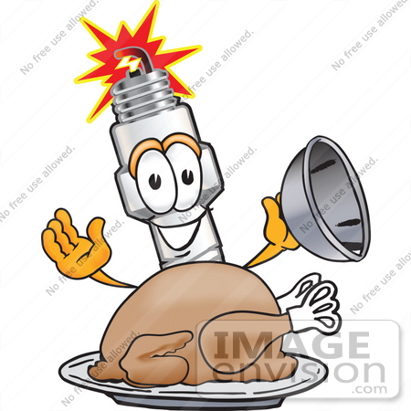 #27714 Clip Art Graphic of a Spark Plug Mascot Character Serving a Thanksgiving Turkey on a Platter by toons4biz