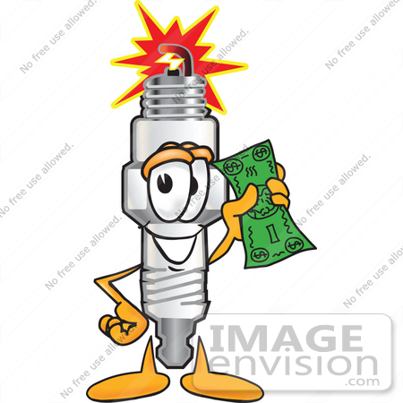 #27715 Clip Art Graphic of a Spark Plug Mascot Character Holding a Dollar Bill by toons4biz