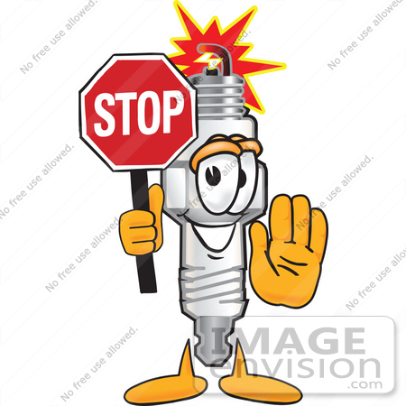 #27720 Clip Art Graphic of a Spark Plug Mascot Character Holding a Stop Sign by toons4biz