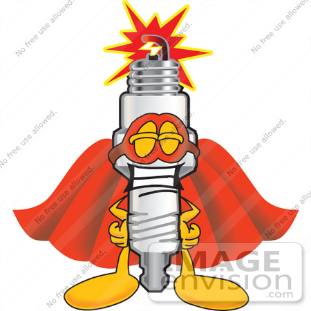 #27723 Clip Art Graphic of a Spark Plug Mascot Character Dressed as a Super Hero by toons4biz