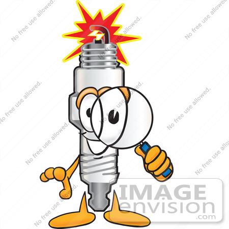 #27724 Clip Art Graphic of a Spark Plug Mascot Character Looking Through a Magnifying Glass by toons4biz