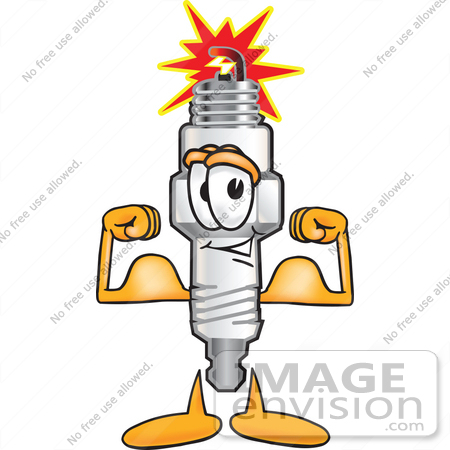 #27725 Clip Art Graphic of a Spark Plug Mascot Character Flexing His Arm Muscles by toons4biz
