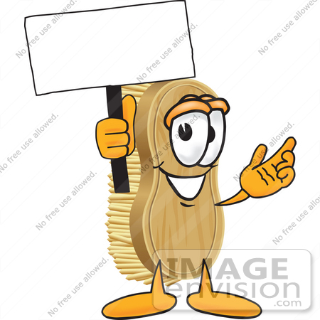 #27734 Clip Art Graphic of a Scrub Brush Mascot Character Waving a Blank White Advertising Sign by toons4biz