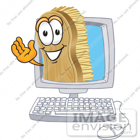 #27735 Clip Art Graphic of a Scrub Brush Mascot Character Waving From Inside a Computer Screen by toons4biz