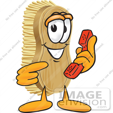 #27737 Clip Art Graphic of a Scrub Brush Mascot Character Holding and Pointing to a Red Phone by toons4biz