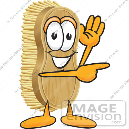 #27740 Clip Art Graphic of a Scrub Brush Mascot Character Waving and Pointing to the Right by toons4biz