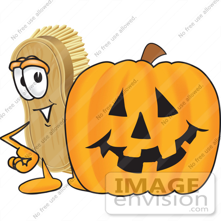 #27745 Clip Art Graphic of a Scrub Brush Mascot Character Standing by a Carved Halloween Pumpkin by toons4biz