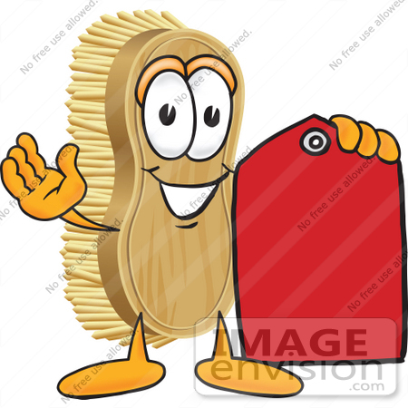 #27750 Clip Art Graphic of a Scrub Brush Mascot Character Holding a Red Sales Price Tag by toons4biz