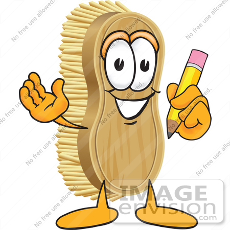 #27751 Clip Art Graphic of a Scrub Brush Mascot Character Holding a Pencil by toons4biz