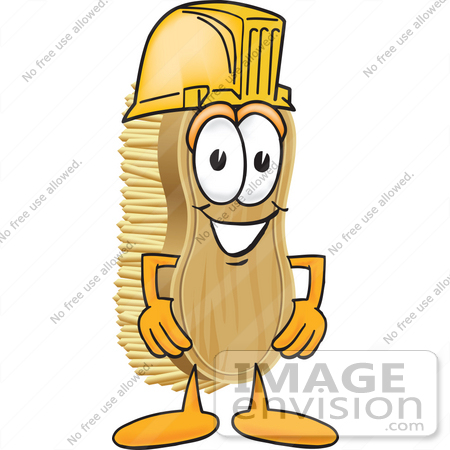 #27754 Clip Art Graphic of a Scrub Brush Mascot Character Wearing a Yellow Hardhat Helmet by toons4biz