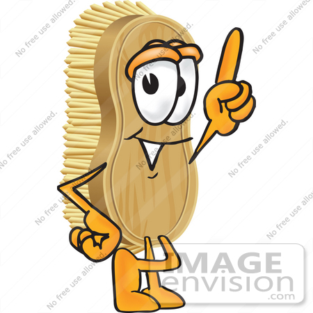 #27760 Clip Art Graphic of a Scrub Brush Mascot Character Pointing Upwards by toons4biz