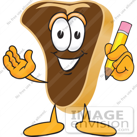#27764 Clip Art Graphic of a Beef Steak Meat Mascot Character Holding a Pencil by toons4biz