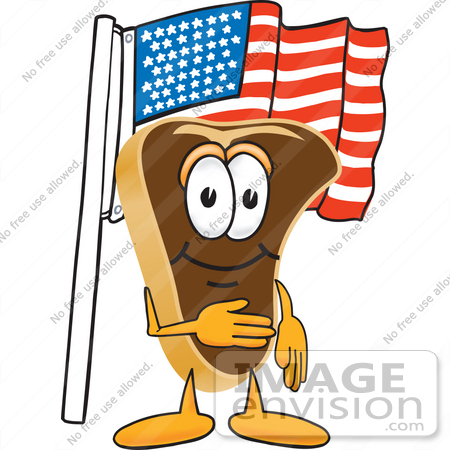 #27765 Clip Art Graphic of a Beef Steak Meat Mascot Character Pledging Allegiance to the American Flag by toons4biz