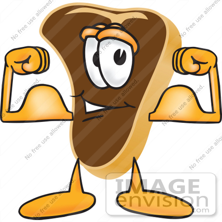 #27767 Clip Art Graphic of a Beef Steak Meat Mascot Character Flexing His Strong Arm Muscles by toons4biz