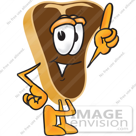 #27768 Clip Art Graphic of a Beef Steak Meat Mascot Character Pointing Upwards by toons4biz