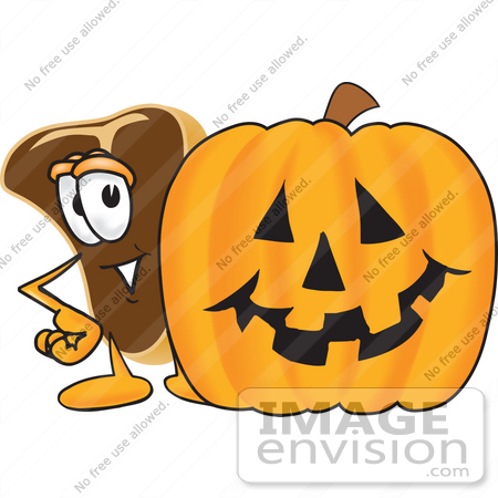 #27769 Clip Art Graphic of a Beef Steak Meat Mascot Character Standing by a Halloween Pumpkin by toons4biz