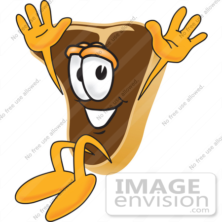 #27771 Clip Art Graphic of a Beef Steak Meat Mascot Character Jumping by toons4biz