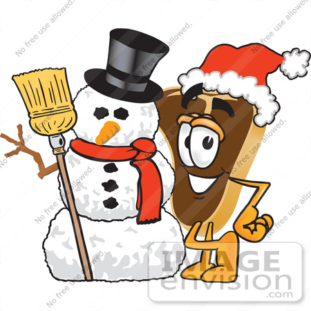 #27772 Clip Art Graphic of a Beef Steak Meat Mascot Character Wearing a Santa Hat and Standing With a Snowman by toons4biz