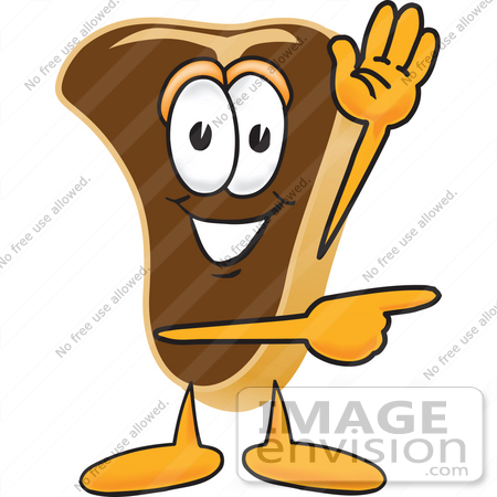 #27774 Clip Art Graphic of a Beef Steak Meat Mascot Character Waving and Pointing to the Right by toons4biz