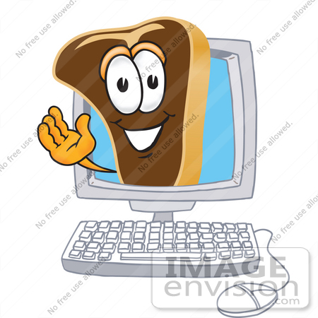 #27777 Clip Art Graphic of a Beef Steak Meat Mascot Character Waving From Inside a Computer Screen by toons4biz