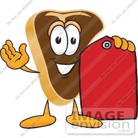 #27778 Clip Art Graphic of a Beef Steak Meat Mascot Character Holding a Blank Red Sales Price Tag by toons4biz