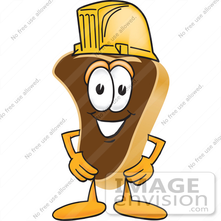 #27779 Clip Art Graphic of a Beef Steak Meat Mascot Character Wearing a Yellow Hardhat by toons4biz
