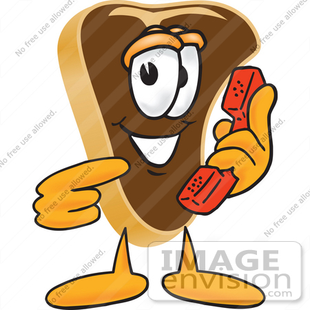 #27783 Clip Art Graphic of a Beef Steak Meat Mascot Character Holding and Pointing to a Red Phone by toons4biz