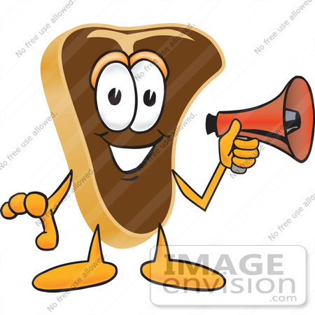 #27786 Clip Art Graphic of a Beef Steak Meat Mascot Character Preparing to Make an Announcement With a Red Megaphone Bullhorn by toons4biz