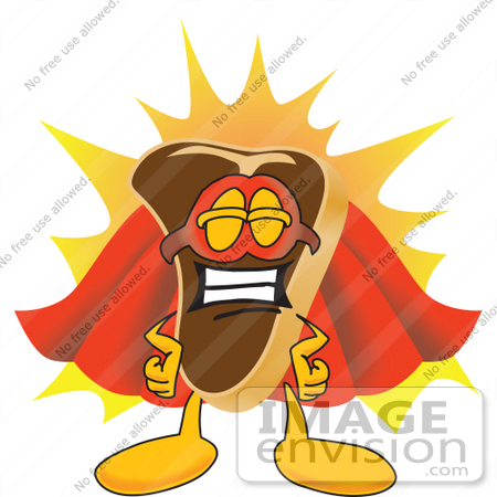 #27789 Clip Art Graphic of a Beef Steak Meat Mascot Character in a Super Hero Cape and Mask by toons4biz