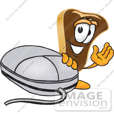 #27790 Clip Art Graphic of a Beef Steak Meat Mascot Character Waving and Standing by a Computer Mouse by toons4biz