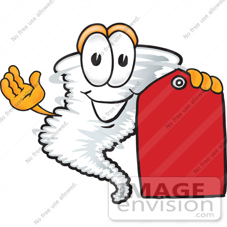 #27798 Clip Art Graphic of a Tornado Mascot Character Holding a Red Sales Price Tag by toons4biz