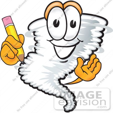 #27803 Clip Art Graphic of a Tornado Mascot Character Holding a Pencil by toons4biz