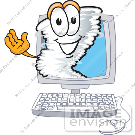 #27808 Clip Art Graphic of a Tornado Mascot Character Waving From Inside a Computer Screen by toons4biz