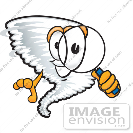 #27816 Clip Art Graphic of a Tornado Mascot Character Looking Through a Magnifying Glass by toons4biz