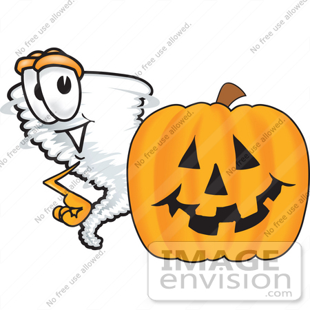 #27819 Clip Art Graphic of a Tornado Mascot Character With a Halloween Pumpkin by toons4biz