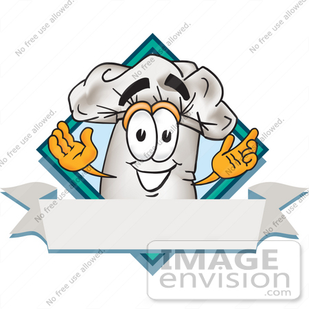 #27824 Clip Art Graphic of a White Chefs Hat Cartoon Character Over a Blank Label on a Logo by toons4biz