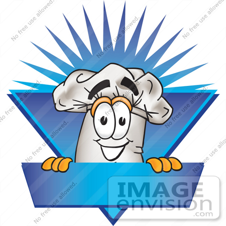 #27831 Clip Art Graphic of a White Chefs Hat Cartoon Character Over a Blank Blue Label on a Logo by toons4biz