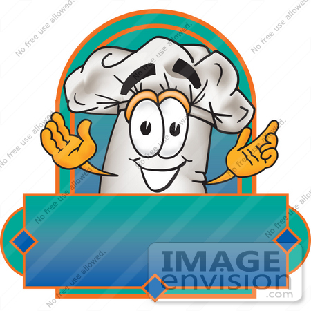 #27832 Clip Art Graphic of a White Chefs Hat Cartoon Character Over a Blank Label on a Logo by toons4biz