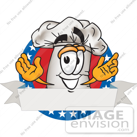 #27833 Clip Art Graphic of a White Chefs Hat Cartoon Character Over a Blank Label on a Logo With Stars by toons4biz