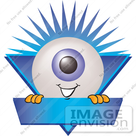 #27839 Clip Art Graphic of a Blue Eyeball Cartoon Character Over a Blank Blue Label by toons4biz