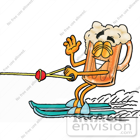 #27845 Clip art Graphic of a Frothy Mug of Beer or Soda Cartoon Character Waving While Passing by on Water Skis by toons4biz