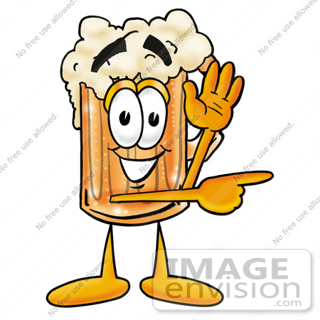#27846 Clip art Graphic of a Frothy Mug of Beer or Soda Cartoon Character Waving and Pointing to the Right by toons4biz